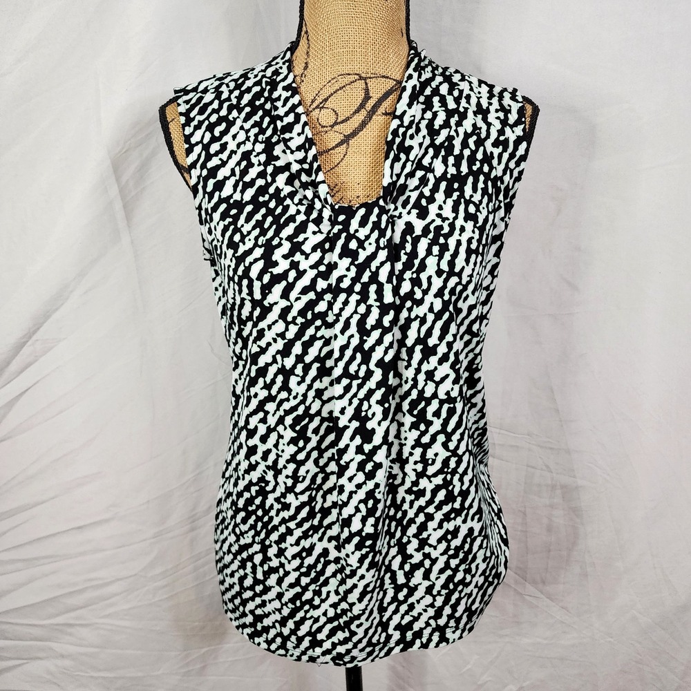 DANA BUCHMAN Size Small‎ Pleated Animal Print Blue Accent Business Work Blouse - Picture 2 of 10